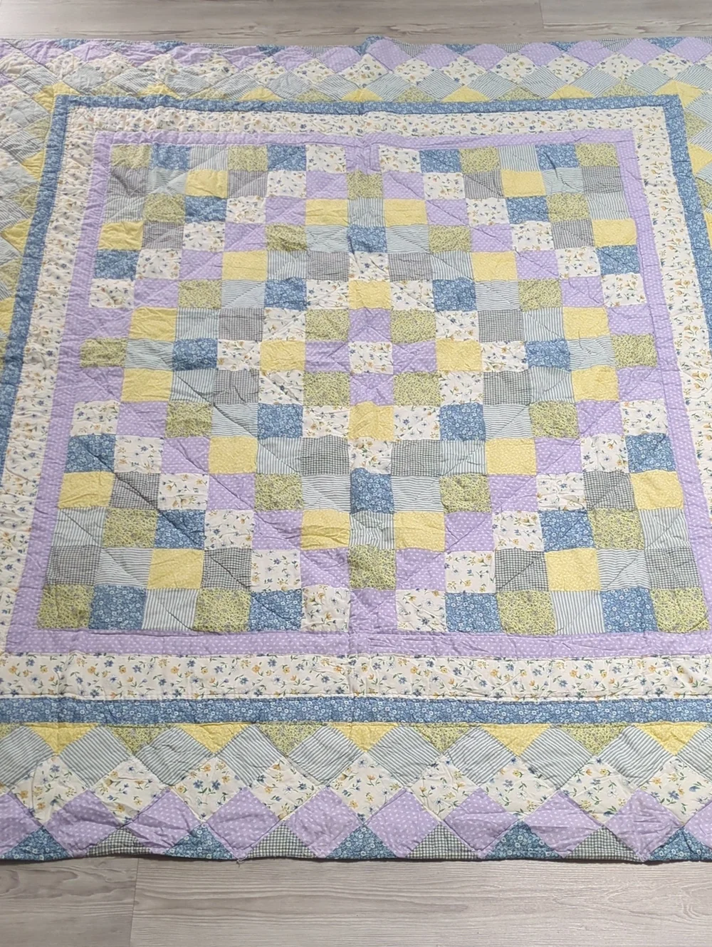 Vintage Patchwork Quilt Full Queen Cotton Blue Lavender Yellow Floral 84x94